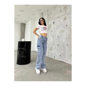 Pantaloni Cargo a vita larga blu chiaro da donna