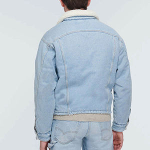 Wholesale Customized Winter Collection Coated <b>Stand</b> Collar Breathable Men's Denim Jacket with Faux Fur Lining Blue Color - Product Image 3