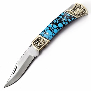 Navaja Plegable de Acero Inoxidable con Mango Turquesa, Funda de Cuero Personalizada, EDC de Bolsillo, para Caza, Camping, Grado Industrial - Product Image 1