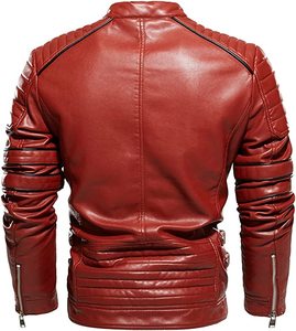 Blouson en cuir enduit pour homme avec col montant réfléchissant style motard épais - Product Image 2