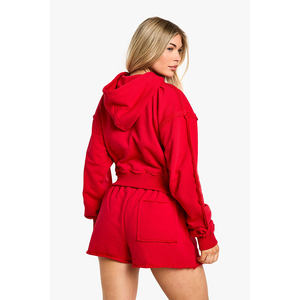 Vente chaude rouge 2 pièces femmes Reverse Loopback Boxy Crop Zip à travers Shorts survêtement ensemble à capuche et court ensemble de survêtement pour femmes - Product Image 2