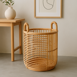 ตะกร้าหวายทรงกลมทำด้วยมือทำจากหวายธรรมชาติทนทานและใช้งานได้หลากหลายตกแต่งบ้านสำหรับเสื้อผ้าซักรองเท้าจัดระเบียบ - Product Image 2