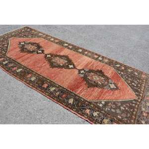 Alfombra de lana marrón naranja Vintage 4,9X11 pies turco tejido plano patrón de retazos alfombra de sala de estar con respaldo de látex - Product Image 2