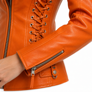 Veste moto en cuir véritable Orange pour femme, manches longues, fermeture éclair, style corset à lacets, vêtements d'automne et d'hiver - Product Image 4