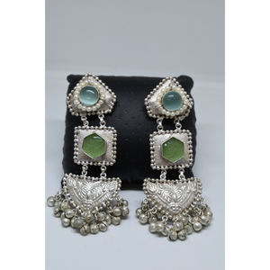 silver look alike brass new design handmade traditional stone <b>stud</b> big hoop earing for <b>girls</b> and women - Product Image 4