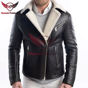 <b>Mens</b> Real <b>Shearling</b> Leather <b>Jacket</b> Black White Fur Collar Asymmetric Zip Pocket Sheepskin Aviator Coat Custom Winter Outer - Product Image 6