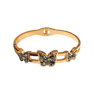 Hochwertiges Gold galvanisiert Edelstahl offenes Armband Armreifen Peru Pyrit Manschettenarmreifen Armband Schmuck für Damen Mädchen