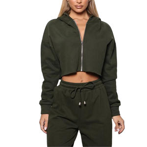 Women's Full <b>Zip</b> <b>up</b> Skinny <b>Cropped</b> <b>Hoodie</b> & Sweatpants Set Winter ODM Supply with Front Logo Hooded Collar - Product Image 6