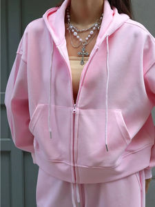 เสื้อแจ็คเก็ตแทรคสูทผู้หญิงแบบโอเวอร์ไซส์ผ้าคอตตอนผสม พิมพ์โลโก้ตามสั่ง พร้อมกางเกงแทรคขาบาน เสื้อฮู้ดดี้ เสื้อผ้าฤดูหนาวสำหรับผู้หญิง - Product Image 4