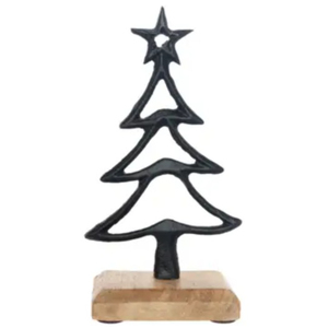 Wholesale Modern Black Iron Metal <b>Christmas</b> Tree Sculpture With Wooden Base Mini Tabletop Festive Home Decor Figurine Ornament - Product Image 1