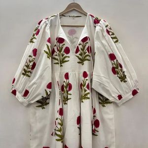 เดรสแขนกุดพิมพ์ลายดอกไม้สำหรับผู้หญิง, เดรสมิดิแขนสั้นผ้าฝ้ายโบฮีเมียน - Product Image 2