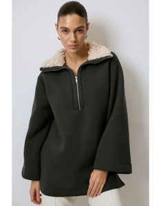 Premium Quality Women's Sweatshirt Fox Fur Collar 100% Cotton Quick Dry Knee Over-sized <b>Knitted</b> <b>Sets</b> Half Zip Thick Solid - Product Image 4