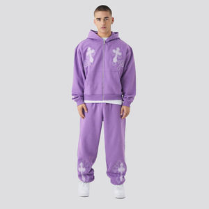 Survêtement surdimensionné 100% coton, logo imprimé à l'écran, pantalon avec strass et sweat à capuche zippé, survêtement d'hiver 2026 pour hommes - Product Image 4