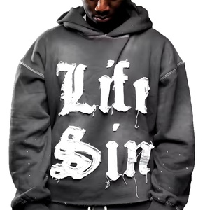 Sweat-shirts en molleton français de haute qualité sans cordons, 100 % coton, écologiques, respirants, délavés à l'acide, avec patch brodé personnalisé effet vieilli - Product Image 3