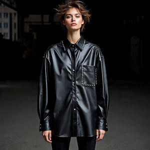 Camisa de Cuero Genuino con Botones y Piel Sintética, Estilo Vintage, Holgada, para Mujer, Ecológica, Estilo Urbano - Product Image 2