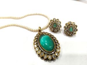 Ensemble de bijoux en quartz bleu aqua Eminent Jewel, pendentif en or antique, polki CZ, cadeau de mariage, de fiançailles, d'anniversaire, de fête, tendance, ovale - Product Image 4