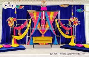 Décor de scène de mariage indien Rajasthani, scène de nuit colorée pour dames, scène de cérémonie musulmane Mehndi Sangeet - Product Image 6