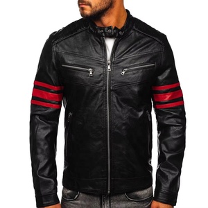 Veste de moto pour homme en cuir véritable noir, écologique, coupe-vent, col montant, fermeture éclair, coupe ajustée, manches régulières, hiver - Product Image 1