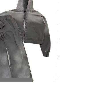 Ensemble de survêtement unisexe personnalisé en coton épais avec strass, pantalon de jogging et sweat à capuche, délavage acide, style streetwear hiver 2025 - Product Image 3