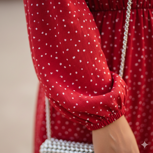 Robe longue Unity Luxure pour femme en crêpe de rayonne premium, rouge à pois, manches longues, col en V, évasée, décontractée et idéale pour les vacances - Product Image 4