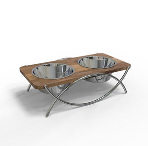 Mangeoire pour chien surélevée en acier inoxydable avec dessus en bois Double Diner et pattes demi-rondes Différentes options de bols pour l'alimentation des animaux domestiques - Product Image 1