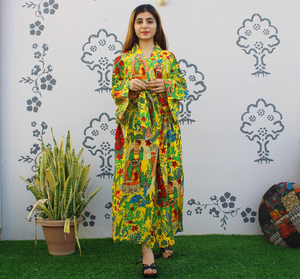 Kimono de algodón puro 100% hecho a mano indio Heritage Boho Screen Printed Floral Pattern Kimono con bolsillos de corbata de cintura con abertura - Product Image 2