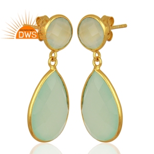 Nouvel arrivage de boucles d'oreilles en argent sterling 18k plaqué or naturel calcédoine d'eau, pierre précieuse, fabricant de bijoux demi-fins - Product Image 3