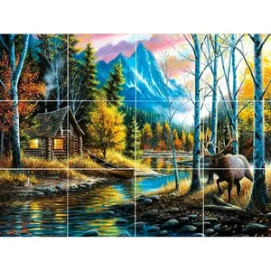 Catégorie Produit Cabane en rondins de wapiti Pêche Faune Pays Scène Carrelage Céramique Murale Dosseret Mural - Product Image 1