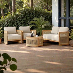 Canapé de jardin en teck massif de luxe moderne, fauteuil d'extérieur en corde tressée à la main avec coussins imperméables pour villa, hôtel, complexe hôtelier, patio - Product Image 5