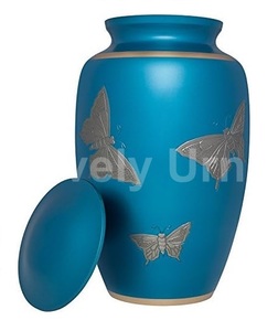 Papillons gravés Bleu Funéraire Urnes de crémation pour adultes en aluminium pour cendres humaines-Sac en velours sans - Product Image 2