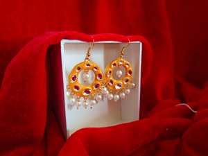 Étnico indio pakistaní Kundan perla aro Jhumka pendientes Chand Baliyan nupcial Bollywood joyería para fiesta Año Nuevo chino - Product Image 5