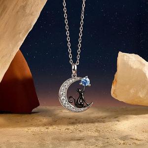 Jeulia Custom <b>Black</b> <b>Cat</b> Moon Pendant Necklace with Birthstone - Product Image 4