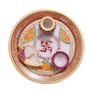 Beautiful Best Selling White Makrana Marble Gold Painted Pooja Thali Elegant <b>Gift</b> <b>Set</b> Design for Spiritual Use - Product Image 2