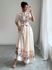 ชุดเดรสลำลองฤดูร้อนของผู้หญิงชุดเดรสยาวหรูหรามีสองชั้นลายใบบัวปักคอและซับในผ้าฝ้าย - Product Image 3