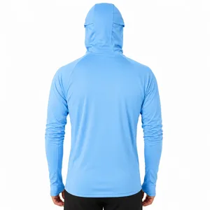 Men's <b>Light</b> <b>Blue</b> UPF 50 Hooded <b>Long</b> <b>Sleeve</b> Anti-UV Sun Protection Pullover Shirt Solid Color Polyester Fishing Wear - Product Image 2