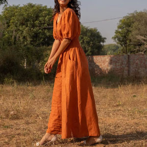 Mono vintage ODM naranja de lino/algodón de pierna ancha con manga abullonada, cuello en V, transpirable, dulce, de cintura media, para mujer, atuendo casual de verano - Product Image 1