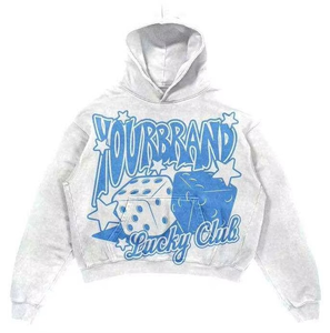 YOURBRAND เสื้อสเวตเตอร์มีฮู้ดผู้ชาย ชุดลำลอง กางเกงขาสั้นผ้าฟลีซ สีฟ้า สีขาว พิมพ์ลายลัคกี้คลับ สไตล์ฤดูใบไม้ผลิ - Product Image 3