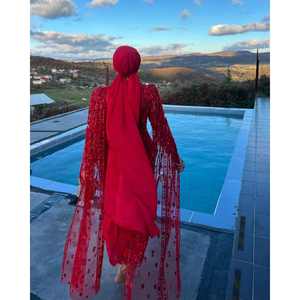 Robe de soirée Crimson Grace au crochet avec cape à sequins, silhouette longue et ajustée pour les soirées formelles - Product Image 4
