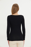 Camiseta de Punto de Manga Larga con Cuello Redondo para Mujer, Color Negro, Corte Ajustado, Estilo Minimalista, para Todas las Temporadas