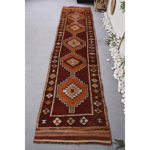 Alfombra de lana de área grande Vintage 2,6 X 11.2ft Marrón Naranja Geométrico Abstracto Diseño de retazos para adolescentes Pasillo Látex - Product Image 1