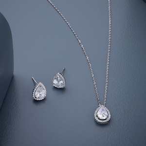 92.5 Silver Fine Jewelry Set with Chain Pendant and <b>Earrings</b> Emerald Cut Zircon Gold Plated-for Wedding or Party 188213 - Product Image 1