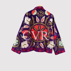 Hand Embroidered Floral Velvet Coat Bohemian Style Full Sleeve Turn-down Collar Casual Outerwear for Women Autumn - Product Image 3