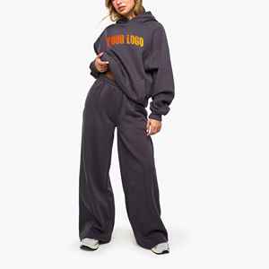 Conjunto de 2 Piezas de Chándal Informal para Mujer, Personalizable, Duradero, 100% Algodón, Felpa de Alta Calidad, Talla Grande, Color Sólido - Product Image 1