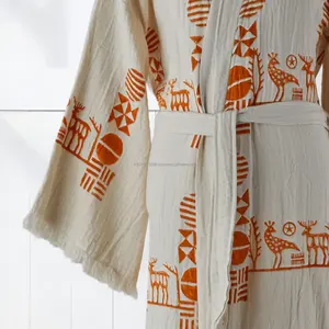 Bata de baño unisex de algodón de lujo con estampado de bloques, ligera, de lino tejido, transpirable, para primavera, verano y todo el año, ropa de dormir y de descanso. - Product Image 5