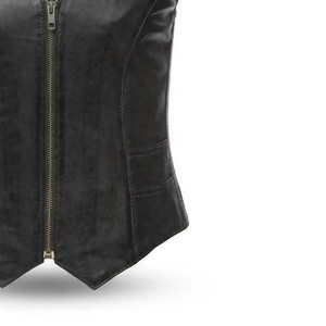Gilet moto en cuir véritable pour femme, col en V, fermeture éclair, couleur unie, vêtement d'extérieur pour l'automne - Product Image 4
