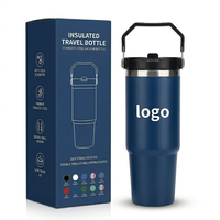 Gobelet isotherme personnalisé avec logo, 30 oz, double paroi, en acier inoxydable 18/8, avec poignée robuste et couvercle à paille anti-fuite