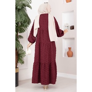 Burgundy Tassel Textured Buttoned Layered <b>Dress</b> Slits Draped Empire Modest One Fits All for Birthday Parties Clubs Daily Wear - Product Image 4