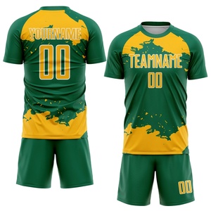 Maillot de football vert et jaune de qualité supérieure, tissu respirant en maille à l'aspect œil-de-perdrix, évacuation de l'humidité, personnalisable avec nom, numéro et logo de l'équipe - Product Image 1