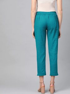 Breathable Womens Teal Cotton Slub <b>Trouser</b> <b>Pants</b> Crafted In Regular Fit For Comfortable Casual Office Travel And Daily Wear - Product Image 3