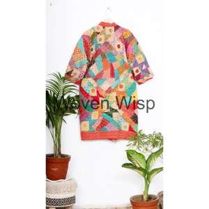 Manteaux Kimono d'hiver pour femmes et hommes Veste en satin tricoté rempli de coton à col en V avec poche décorative imprimée Longue longueur - Product Image 4